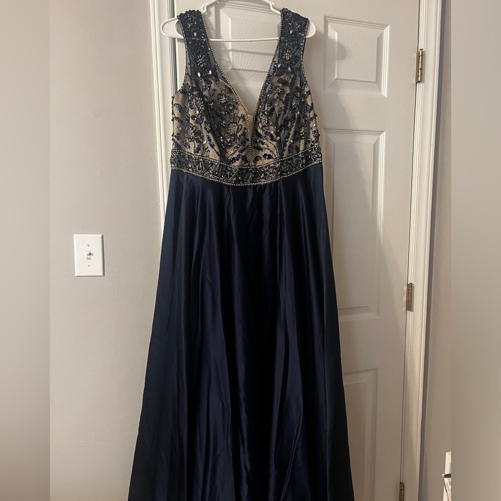 JJs House Navy and Gold Beaded V-Neck Evening Gown